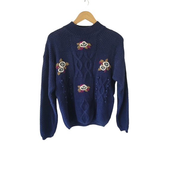 Vintage Marnie West Floral Sweater Pullover Blue Medium Cottagecore Knit Jumper - Picture 2 of 7